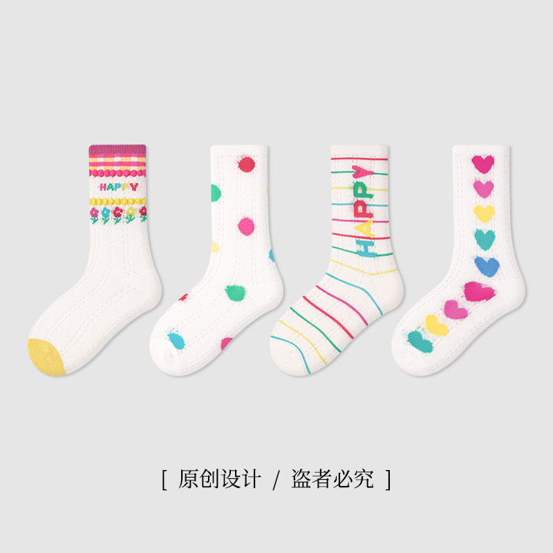 Children's socks 2024 summer boys and girls thin cartoon socks striped boneless mesh cotton socks mid-tube socks 4 pairs