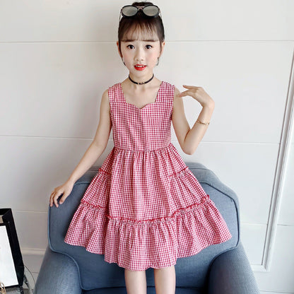 Girls summer plaid dress 2024 new Korean version petal collar plaid vest skirt Internet celebrity princess skirt trend