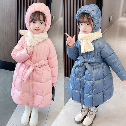 Girls winter long cotton coat elementary school students kindergarten cotton jacket skirt style Korean style bow princess dress