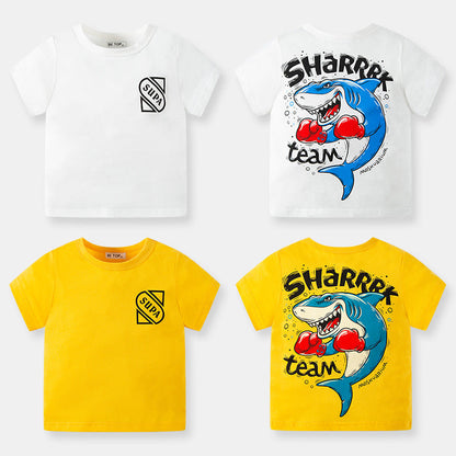 2024 Summer New Children's Cartoon Shark Printed Short Sleeve T-shirt Boys Sweatshirt Half Sleeve Manufacturer One Piece Dropshipping