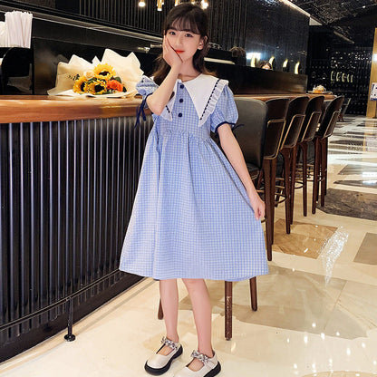 Girls summer French dress 2024 new medium and large children's puff sleeve princess dress square collar large collar cotton plaid skirt