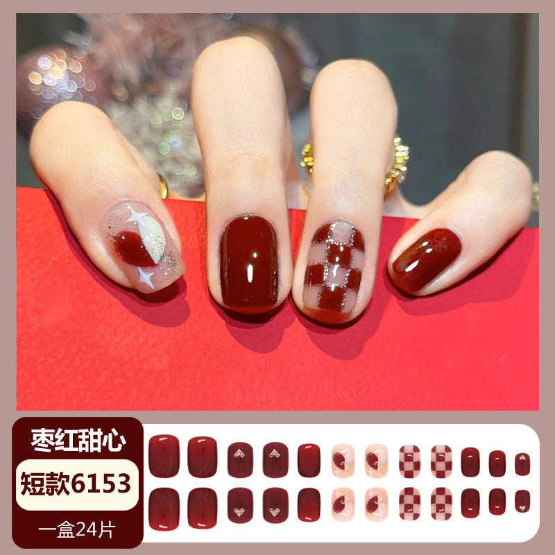 Wearable short style internet celebrity nail stickers wine red checkerboard nail art finished product detachable false nails wholesale