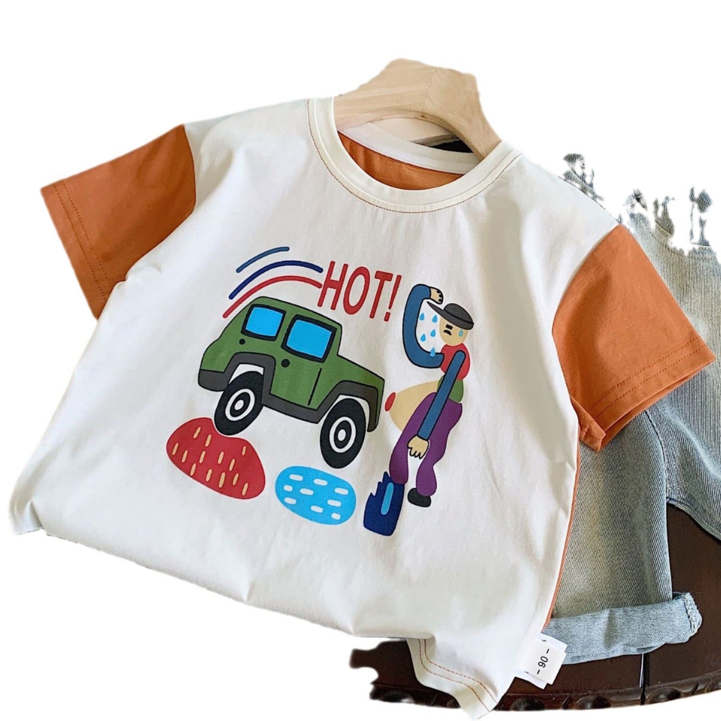 Children's T-shirt Bangcheng 2024 summer cartoon car print short T-shirt boy's color matching short-sleeved children's clothing top G0201