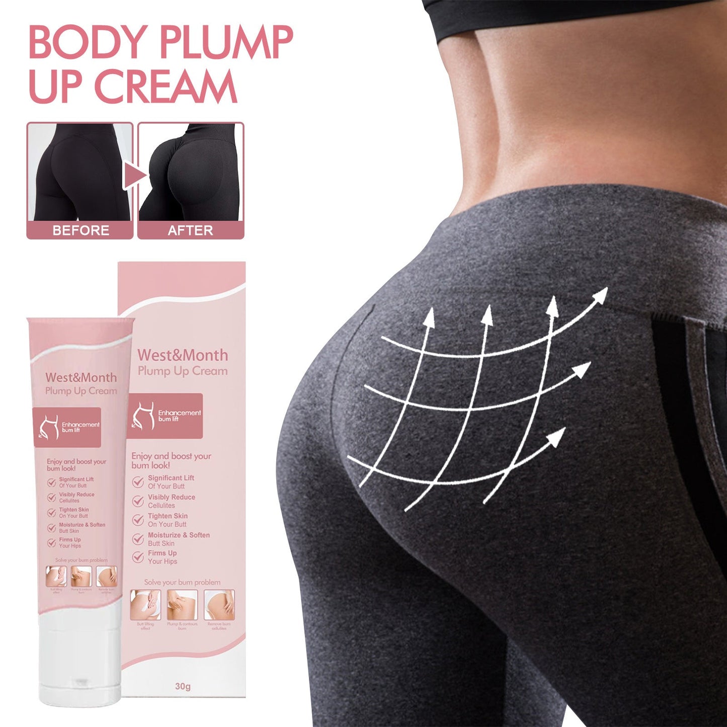 West&amp;Mooth Body Volumizing Cream Firms and lifts the buttocks to enhance the body curves and plumps the buttocks 