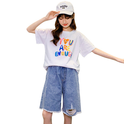 2024 Summer Girls Short-sleeved T-shirts for Middle and Large Children Loose Letter Casual Tops Trendy Children's Summer Clothes