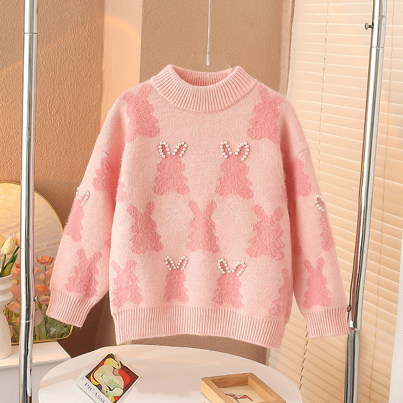 Girls winter sweater thickened little rabbit warm Korean cartoon net red stylish pullover sweater elastic medium and large children