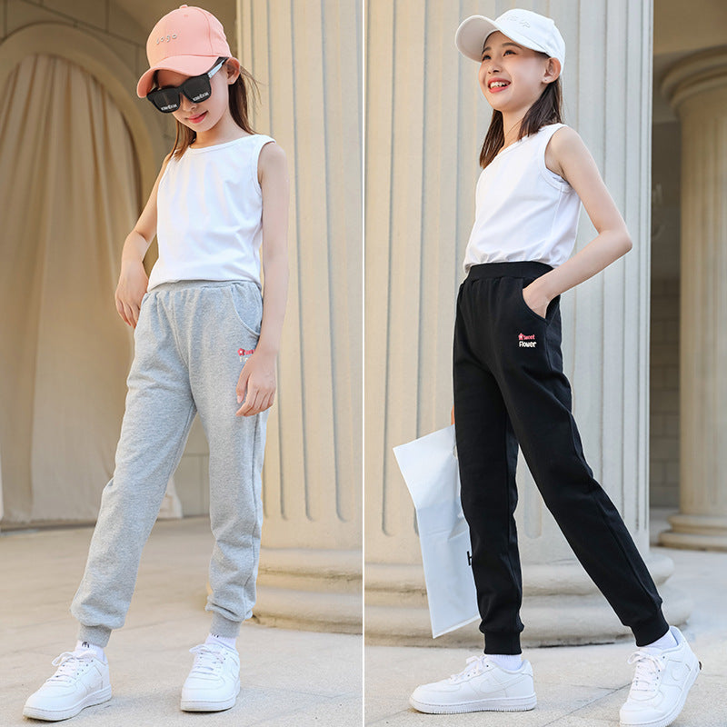 Girls Spring Trousers Cotton Stretch Sports Pants Casual Knitted Closure High Waist Loose Slim Elementary School Kindergarten Trend