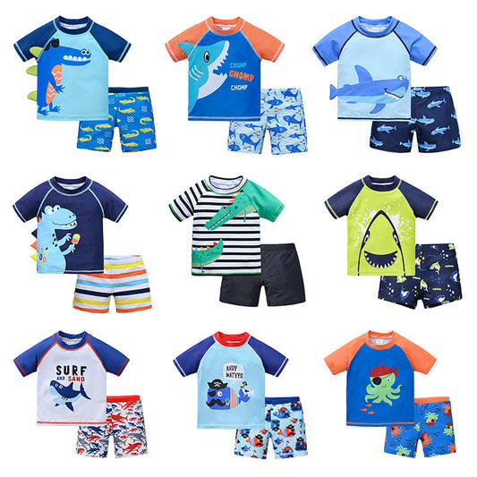 Children's swimsuit 1-8 years old big child split short-sleeved swimsuit boy swimming cap cartoon beach baby swimsuit swimming trunks 