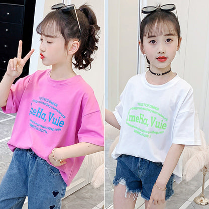 Girls short-sleeved T-shirt summer clothes 2024 new Korean style popular children's clothing middle and large children's summer loose tops