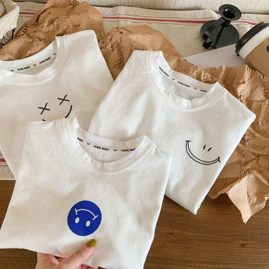 Children's T-shirt 2024 Bangcheng Spring New Boys and Girls Korean Style Casual Smiley Tops All-match White T F0023