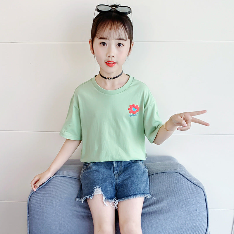 Girls short-sleeved T-shirt summer 2024 new style children's pure cotton tops for middle and large children loose cotton T-shirt