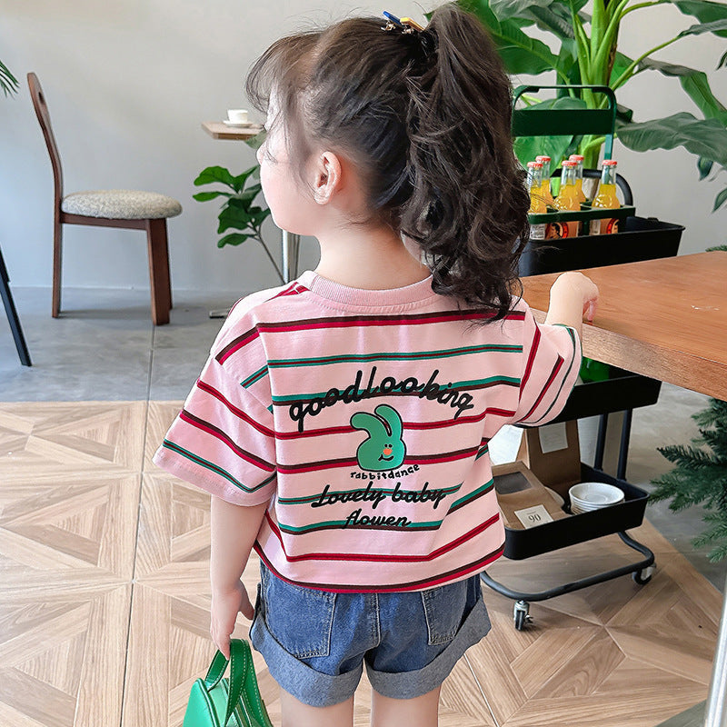 Children's summer short-sleeved tops cotton T-shirt striped shirt elastic loose small children kindergarten primary school fat sweat tide