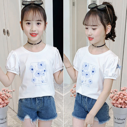 Girls short-sleeved T-shirt summer 2024 new children's trendy puff sleeve tops medium and large children's cotton printed T-shirt