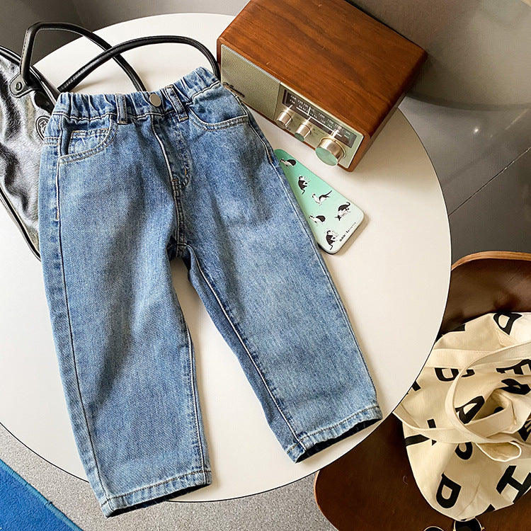 Children's pants 2023 autumn boys Korean version sand washed cotton pocket jeans baby stylish one button straight pants