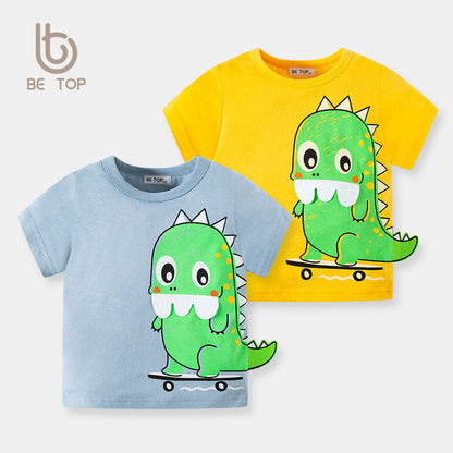 2024 Summer Short-sleeved T-shirt Children's Cartoon Dinosaur Tops Small and Medium Children's Round Neck Sweater Manufacturers One Piece Dropshipping