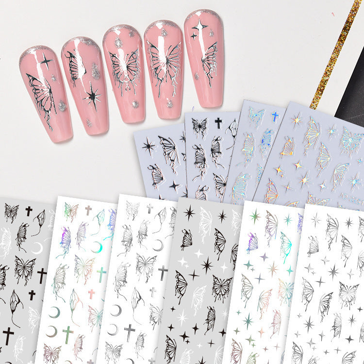 New hollow butterfly hot gold and silver nail stickers star-shaped small fragrance style laser three-dimensional relief cross-border nail stickers