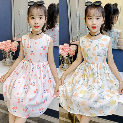 Girls dress 2024 summer new children's stylish printed cotton skirt little girl sleeveless cartoon vest skirt