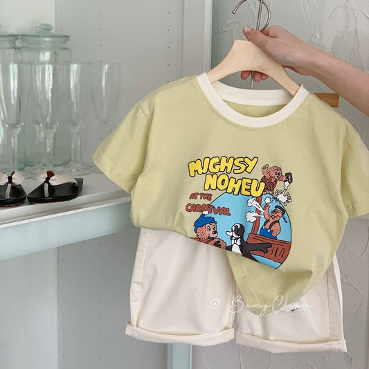 Children's suit Bangcheng 2024 summer new boys cartoon short-sleeved T-shirt + shorts Korean version two-piece suit G0275