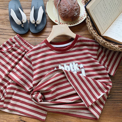 Children's suit Bangcheng 2024 summer children's clothing letter print striped short sleeve + shorts boys two-piece suit G0211