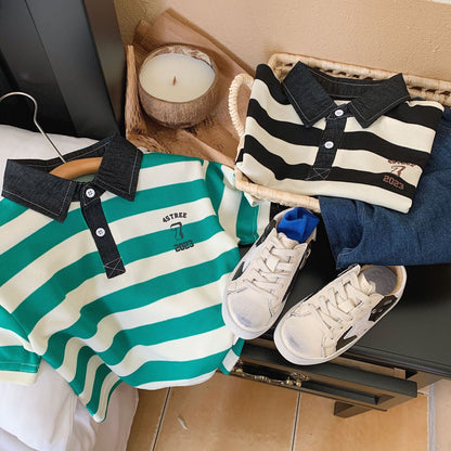 Children's T-shirt 2023 Bangcheng summer style boys and small children's 7-shaped striped casual POLO shirt short-sleeved T-shirt trendy F0133