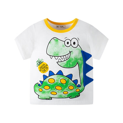 2024 New Children's Cartoon Dinosaur Boy Short-sleeved T-shirt Knitted Sweater Baby Top Cotton Children's Clothing Wholesale Trend