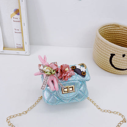 Korean fashion small square bag cartoon bunny pendant girl accessories bag shiny small square bag crossbody children's bag