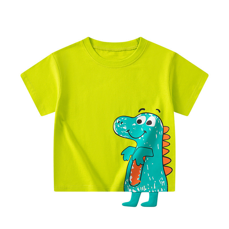 Children's cartoon three-dimensional dinosaur short-sleeved T-shirt pure cotton summer new boys half-sleeved top round neck vibrato supply