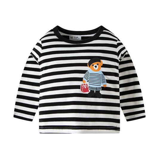 2024 new children's long-sleeved cartoon bear boy T-shirt pure cotton round neck bottoming shirt children's clothing one piece delivery