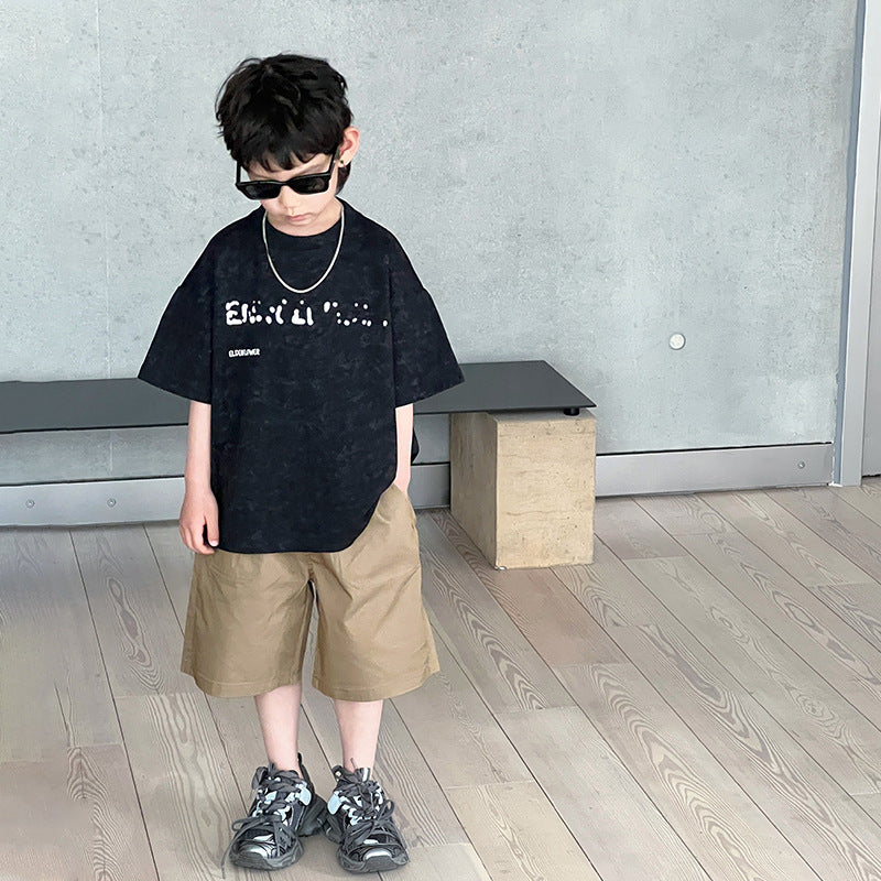 Children's short-sleeved T-shirts boys summer clothes for middle and large children round neck tops 2024 summer new style little boy handsome clothes 5