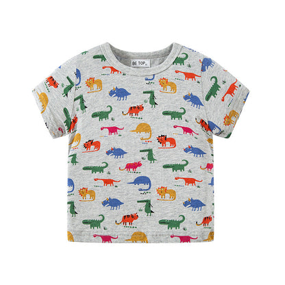 betop children's clothing 2024 summer new children's clothing children's full print dinosaur short-sleeved baby tops short-sleeved T-shirts