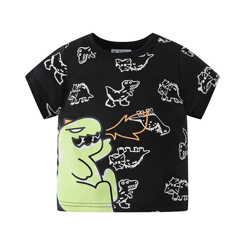 betop Korean version boy cartoon short-sleeved summer full print dinosaur pure cotton baby children T-shirt tops one piece