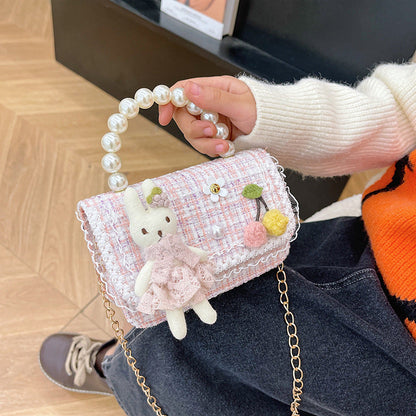 Children's pearl handbag 2024 new cotton and linen small square bag fashionable and cute girls decorative bag messenger bag 