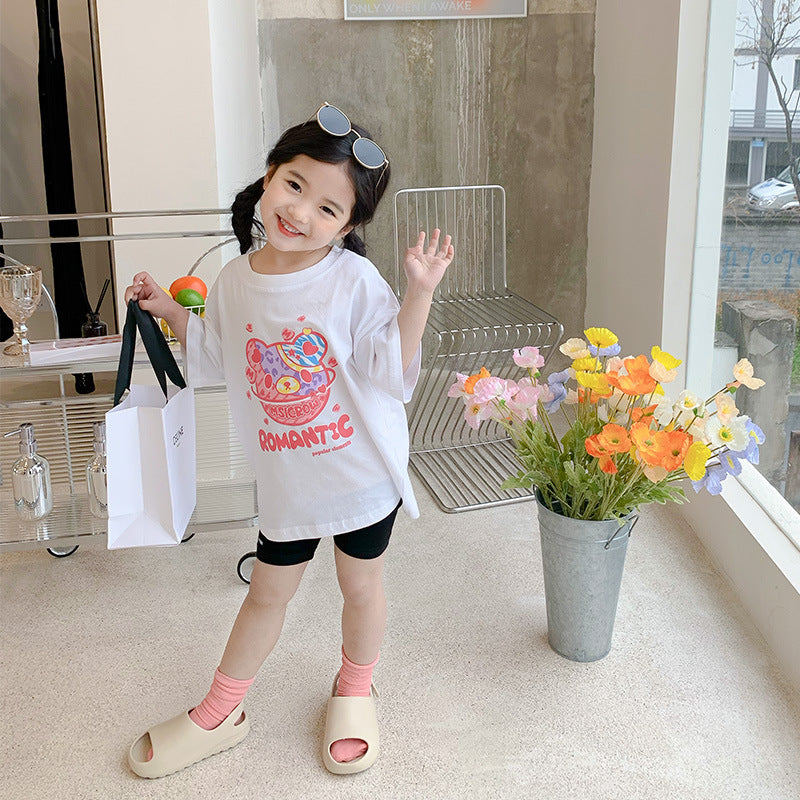 2023 summer new children's clothing girls cartoon bear short-sleeved T-shirt Korean version children's small and medium children's fashionable tops trend