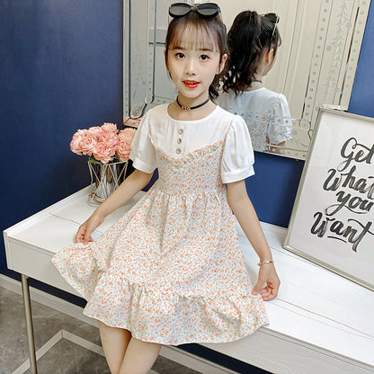 Girls dress 2024 summer new style medium and large children's floral dress pastoral style fake two-piece short-sleeved dress