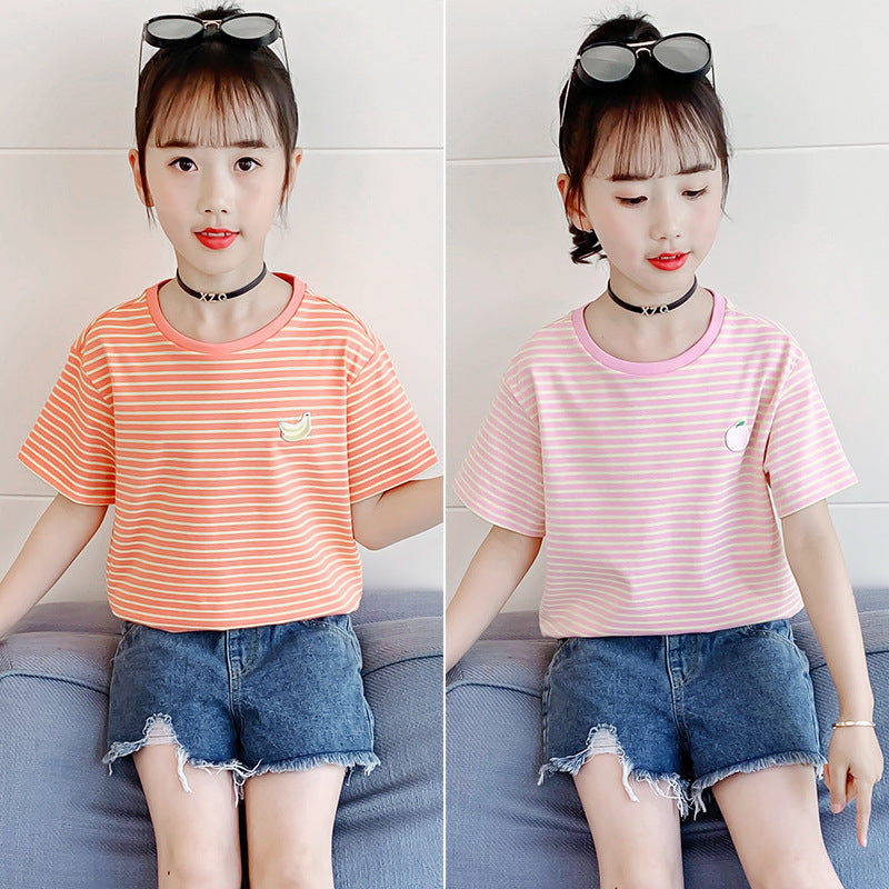 Girls short-sleeved T-shirt 2024 summer new striped embroidery cartoon fruit T-shirt stylish cotton stretch top