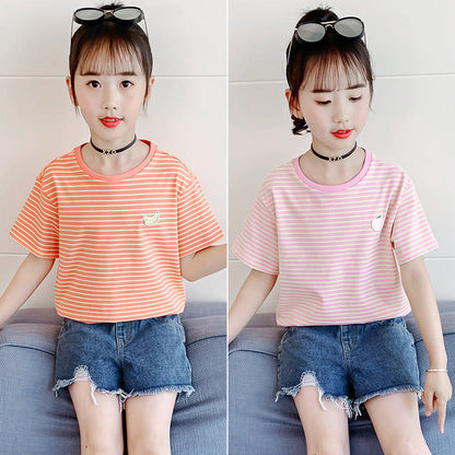 Girls short-sleeved T-shirt 2024 summer new striped embroidery cartoon fruit T-shirt stylish cotton stretch top