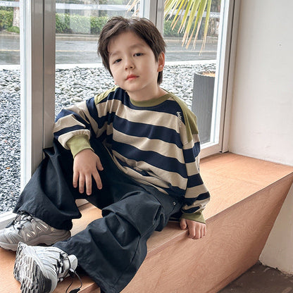 Amo Beibei children's 2024 spring color matching long-sleeved tops for boys' babies, fashionable loose cotton striped sweatshirt