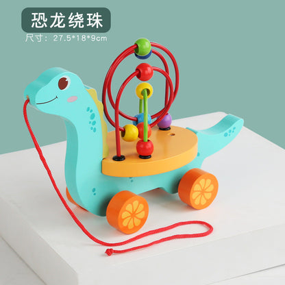 Early childhood education children's wooden kindergarten enlightenment pull rope animal music model drag car around beads matching educational toys