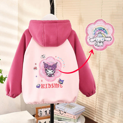 Girls autumn and winter thickened fleece jacket cardigan zipper Korean style sequins cartoon warm kindergarten children middle children