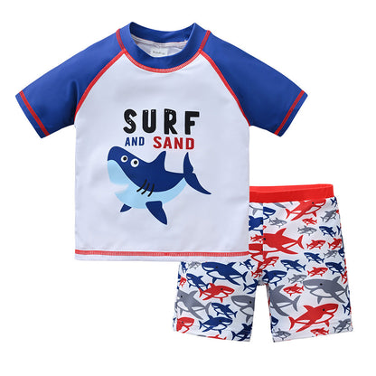 Children's swimsuit 1-8 years old big child split short-sleeved swimsuit boy swimming cap cartoon beach baby swimsuit swimming trunks 