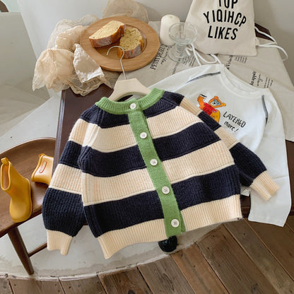 Children's sweater 2023 Bangcheng autumn and winter Korean version boys and girls striped color matching sweater jacket casual cardigan F0461