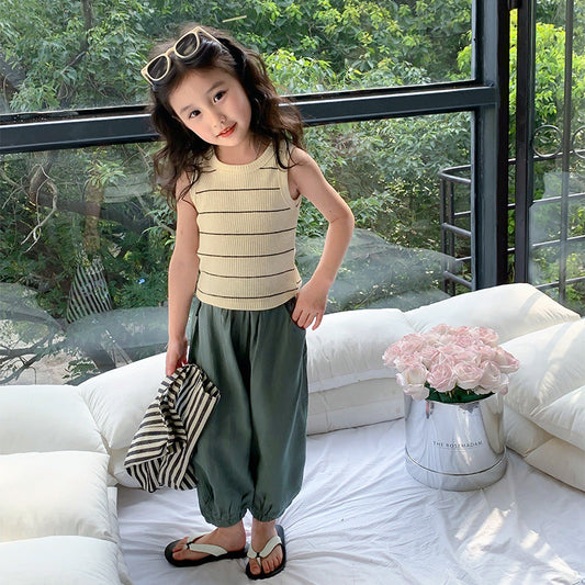 2024 Summer New Style Korean Style Sleeveless Round Neck Vest Tops for Children and Middle School Children Striped Letter Vests