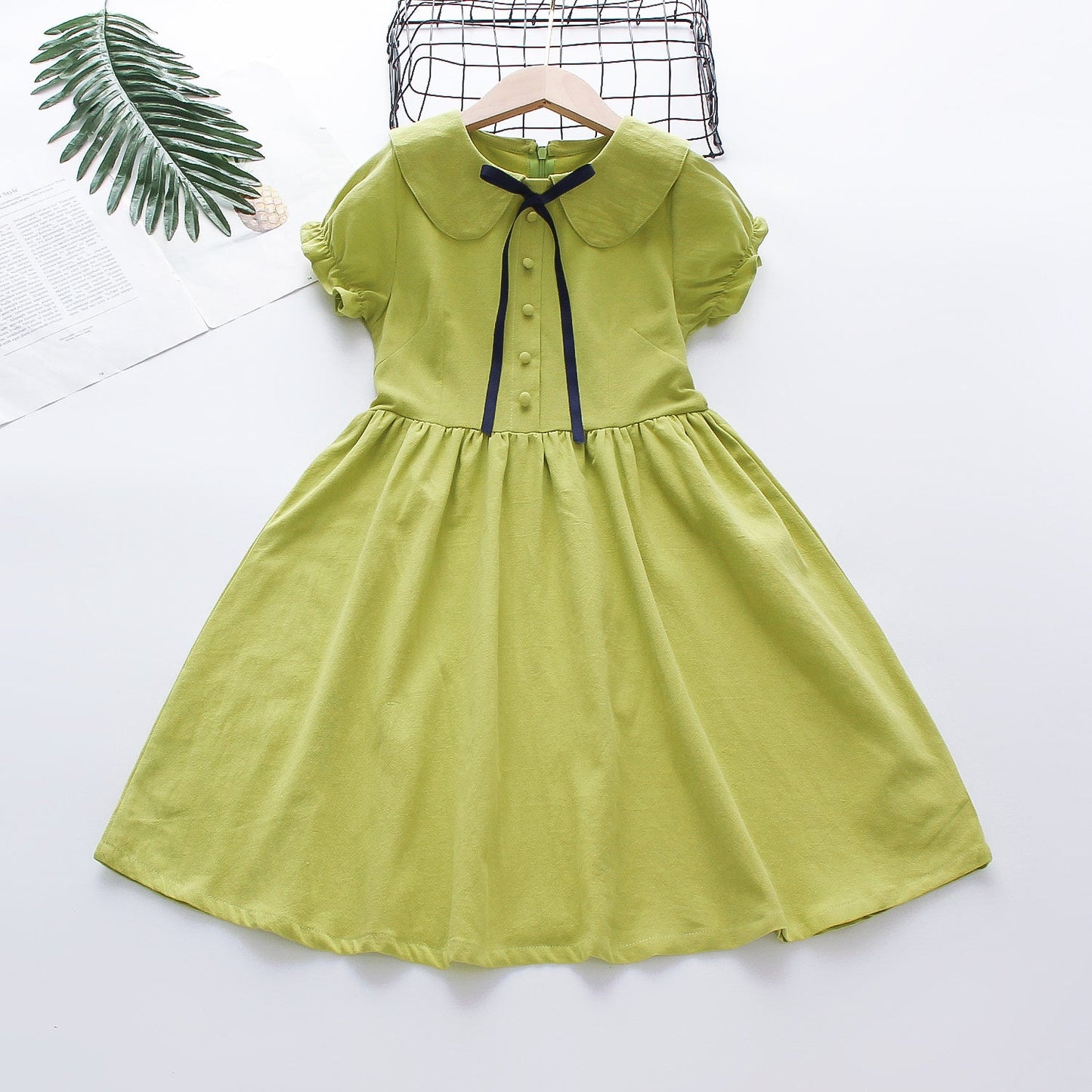 Girls short-sleeved dress summer new style solid color cotton dress pure cotton dress short-sleeved doll collar dress princess dress