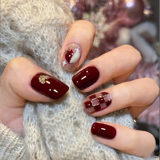 Wearable short style internet celebrity nail stickers wine red checkerboard nail art finished product detachable false nails wholesale