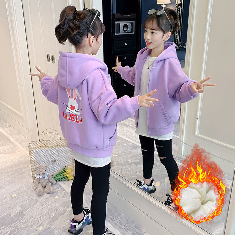 Girls 2024 Winter New Plush Jacket Children's Korean Style Thickened Cardigan Top Cartoon Hooded Sweater