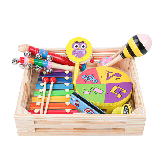 Children's wooden Orff music nine-piece set kindergarten simulation drum rattle trumpet castanets harmonica toys