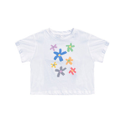 2024 Summer New Korean Version Children's Printed Casual Loose Short Sleeve Boys and Girls Baby Flower Bottom T-Shirt Trend