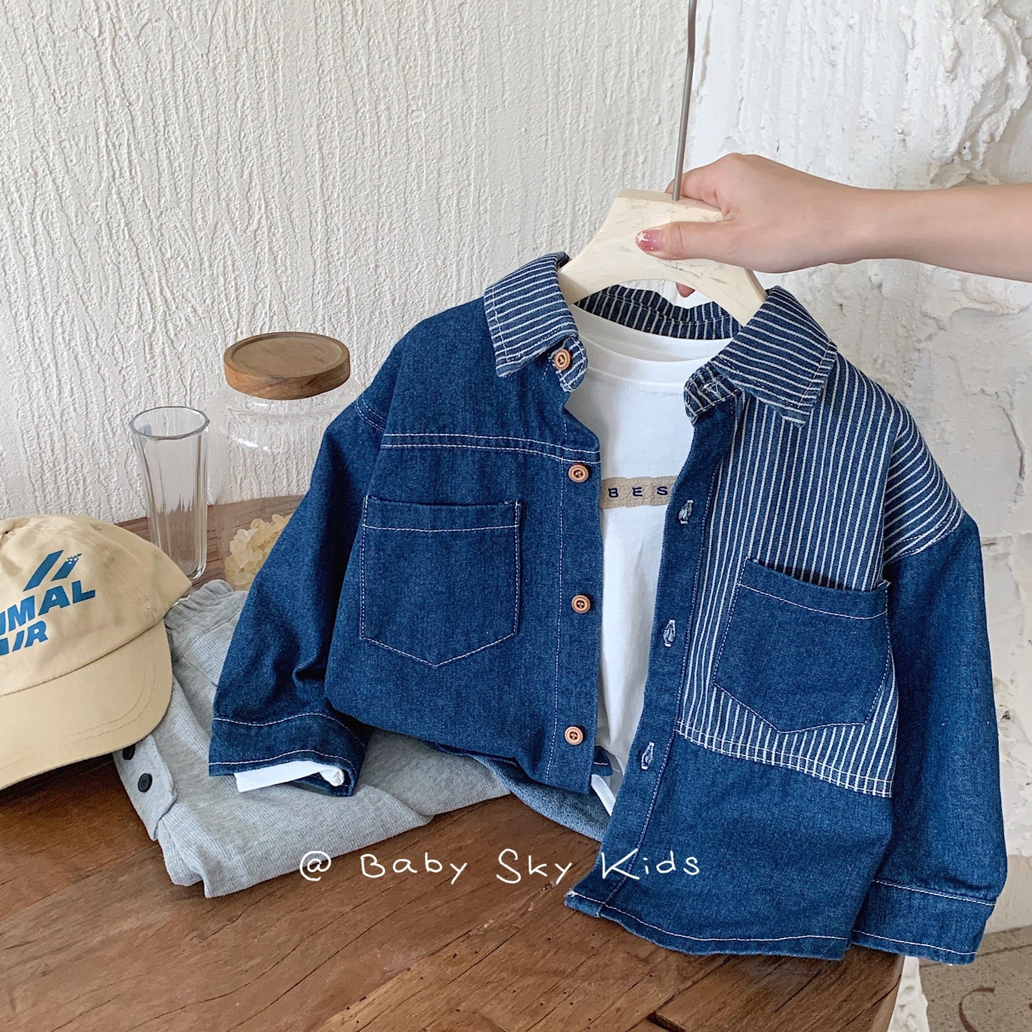 Children's shirt 2024 Bangcheng Spring Korean Boys Splicing Denim Shirt Baby Fashion Jacket Trend F0296