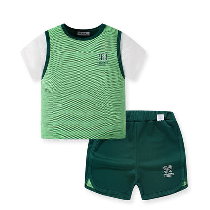 2024 new children's casual color matching two-piece shorts short-sleeved sports suit boy baby Korean version new trend