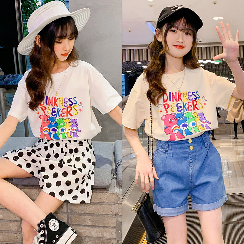 Children's Girls Summer Short-sleeved Tops Cotton T Cartoon Print Loose Elastic Fat Student Big Kids Large Edition